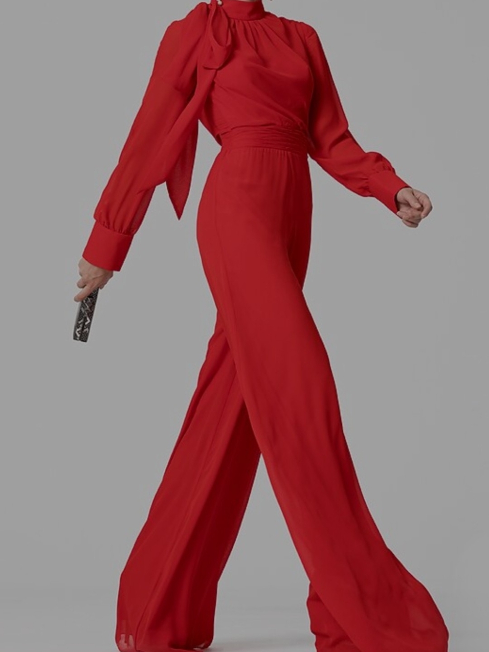 High-Neck Red Wide-Leg Jumpsuit with Tie Detail